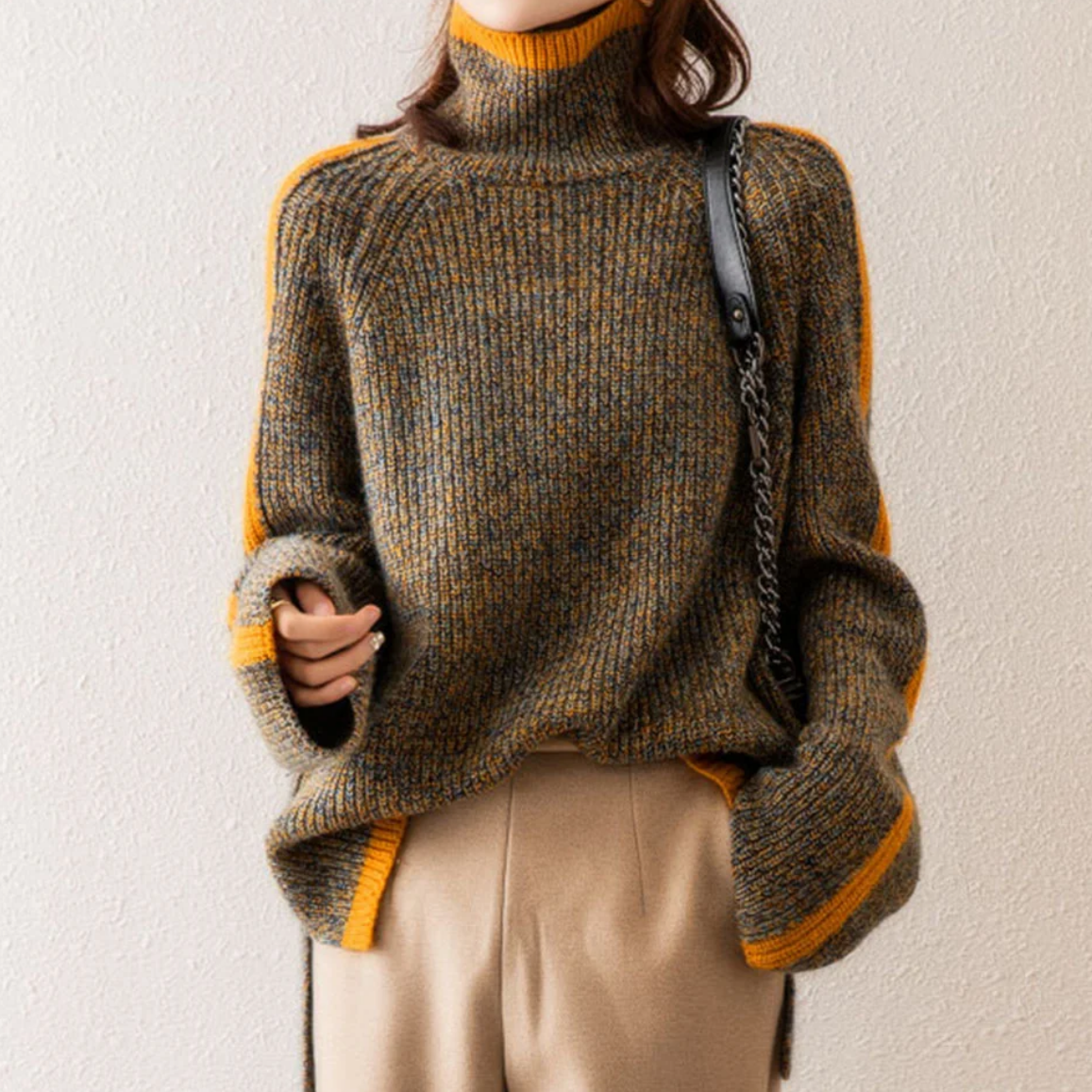 Wool Blend Turtleneck Sweater Ribbed Loose Fit