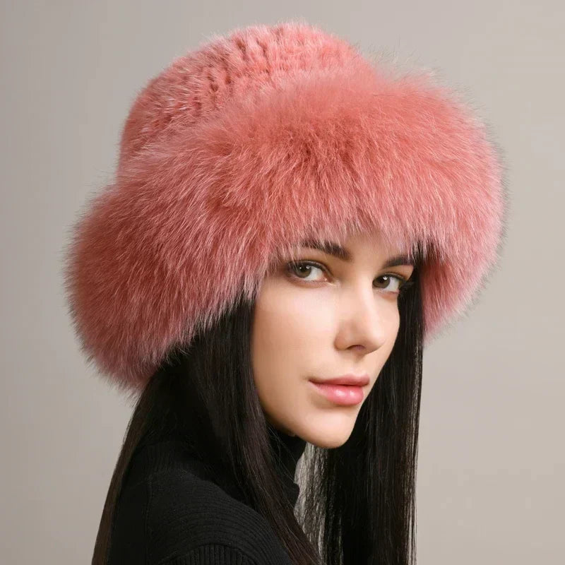 Women Knitted Faux Fur Hat Full Brim
